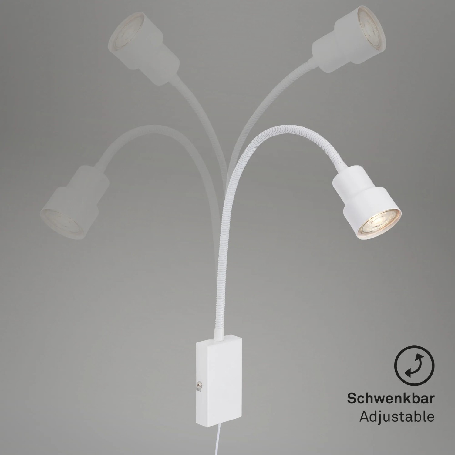 Weiße Briloner LED-Bettleuchte Tusi mit flexiblem Arm zur individuellen Lichtausrichtung.