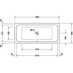 Technische Zeichnung Duravit D-Code Badewanne, 180x80 cm, Einbauversion mit zentralem Ablauf.