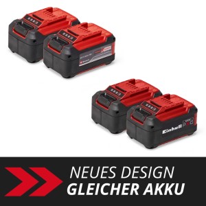 Einhell Akku 18V 5,2Ah PXC Doppelpack: Zwei rote und schwarze Akkus für Elektrowerkzeuge.