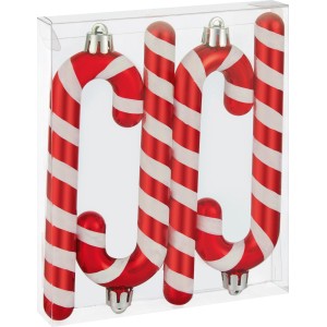 Weihnachtsdeko: 4 rote und weiße Zuckerstangen als Baumbehang.