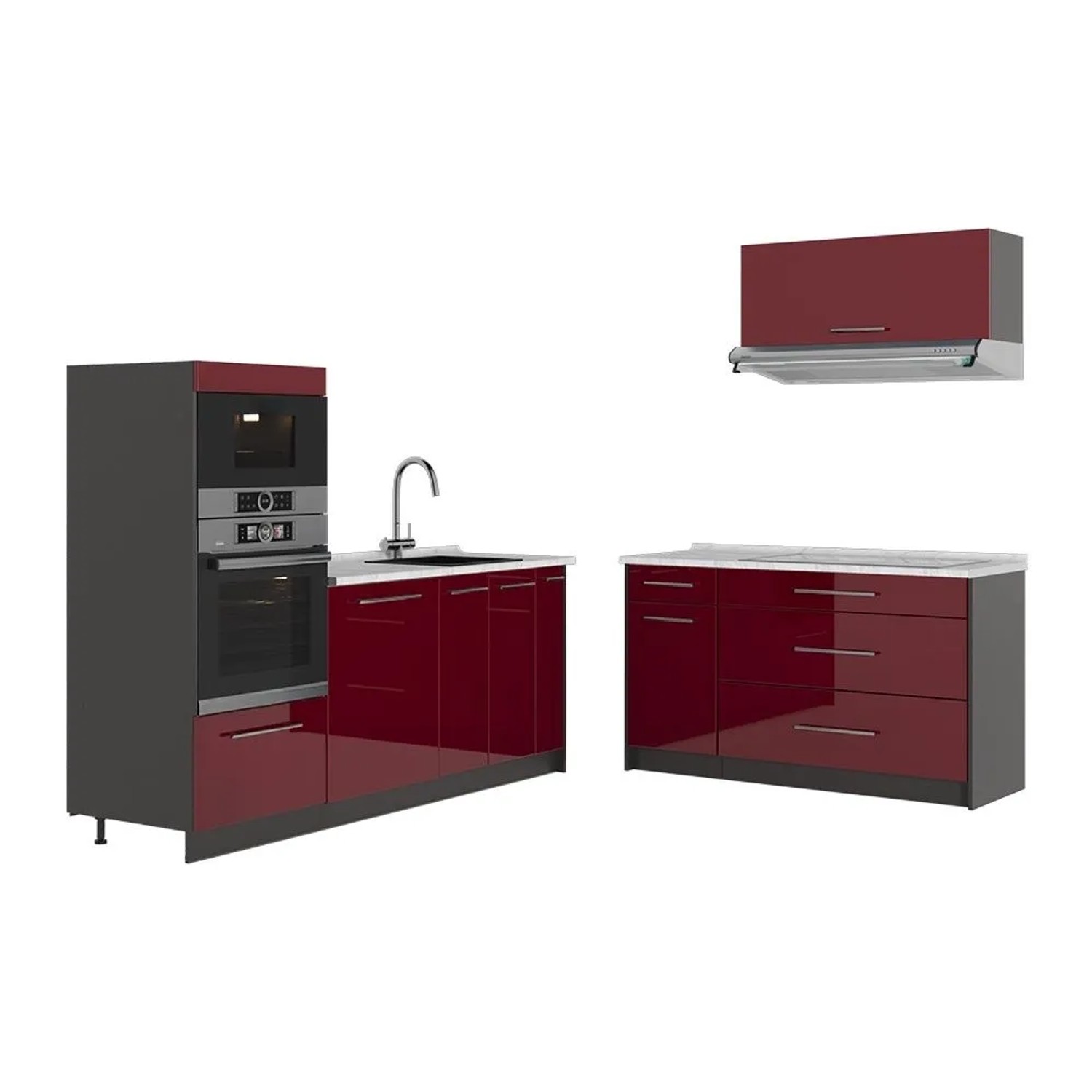 Vicco Küchenzeile Fame-Line Bordeaux Hochglanz/Anthrazit 340 x 154 AP Marmor Art Nr 63875