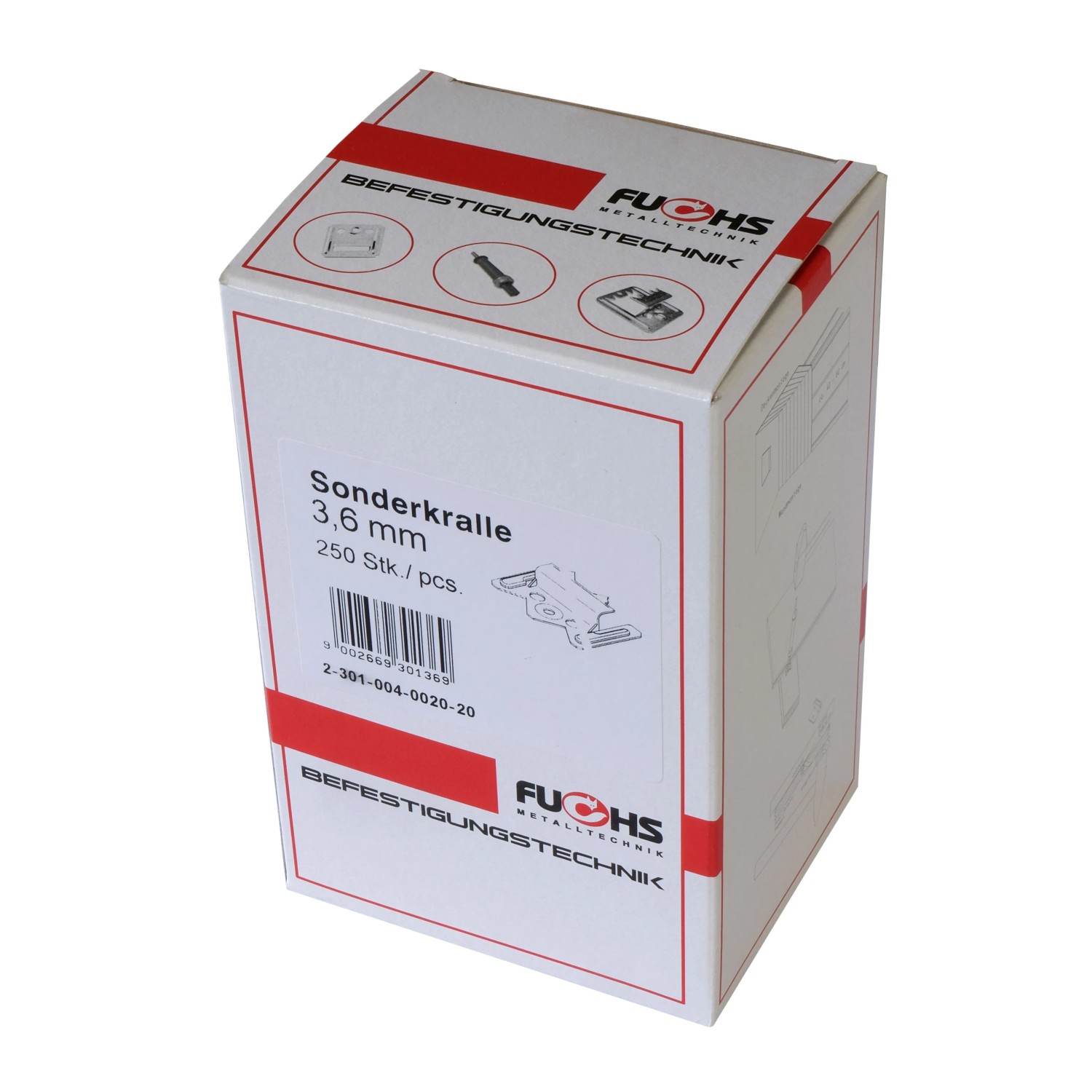 Packung Fuchs Profilholzkrallen 3,6 mm, 250 Stück, für Wand- und Deckenpaneele.