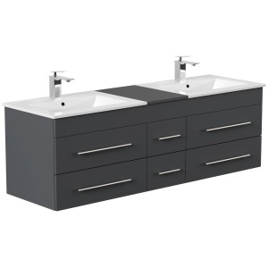 Posseik Badmöbel Nero XL Grafit: Badmöbel-Set mit zwei Waschbecken und grafitfarbenem Unterschrank.