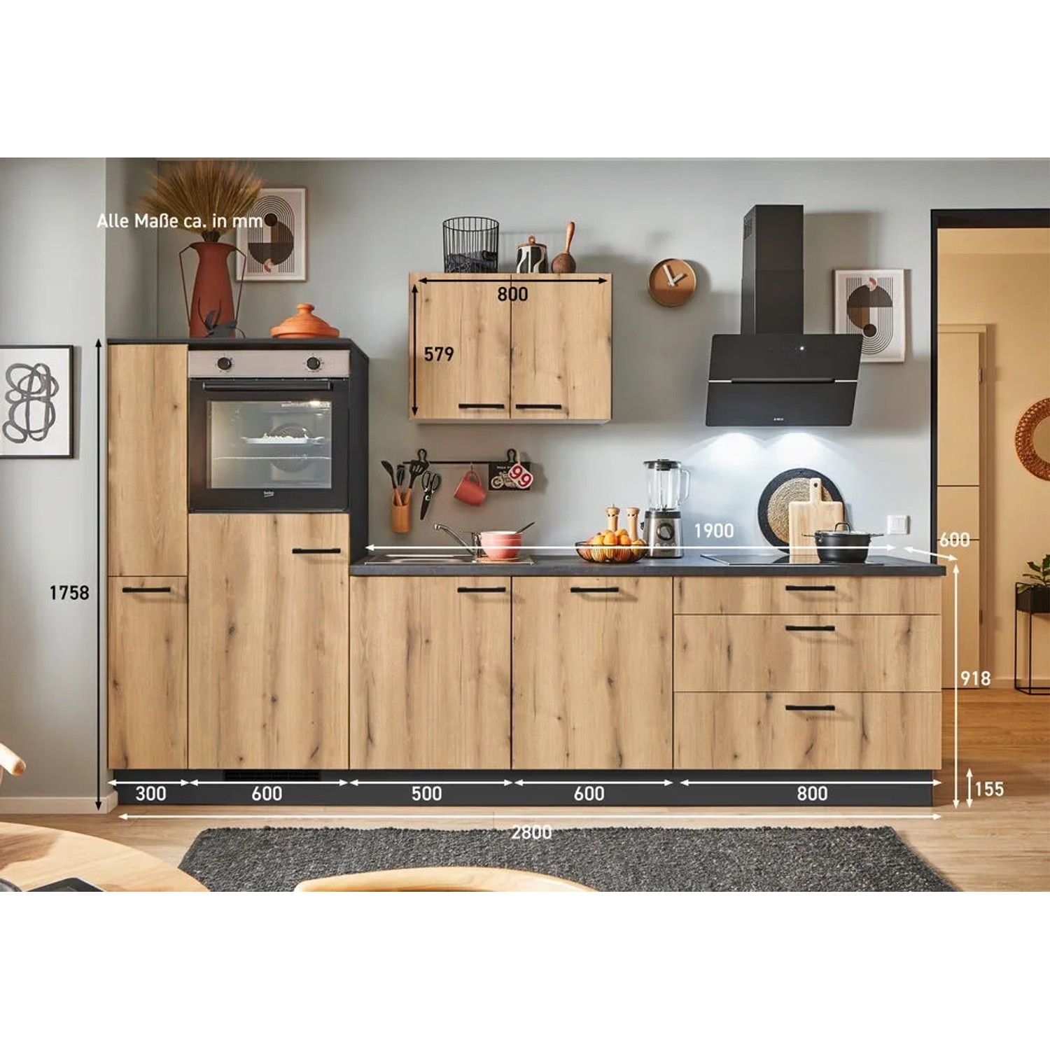 Pino Küchenzeile 280 cm Evoke Eiche mit Geräten, Spüle und Apothekerschrank. Einbauküche mit E-Geräten.