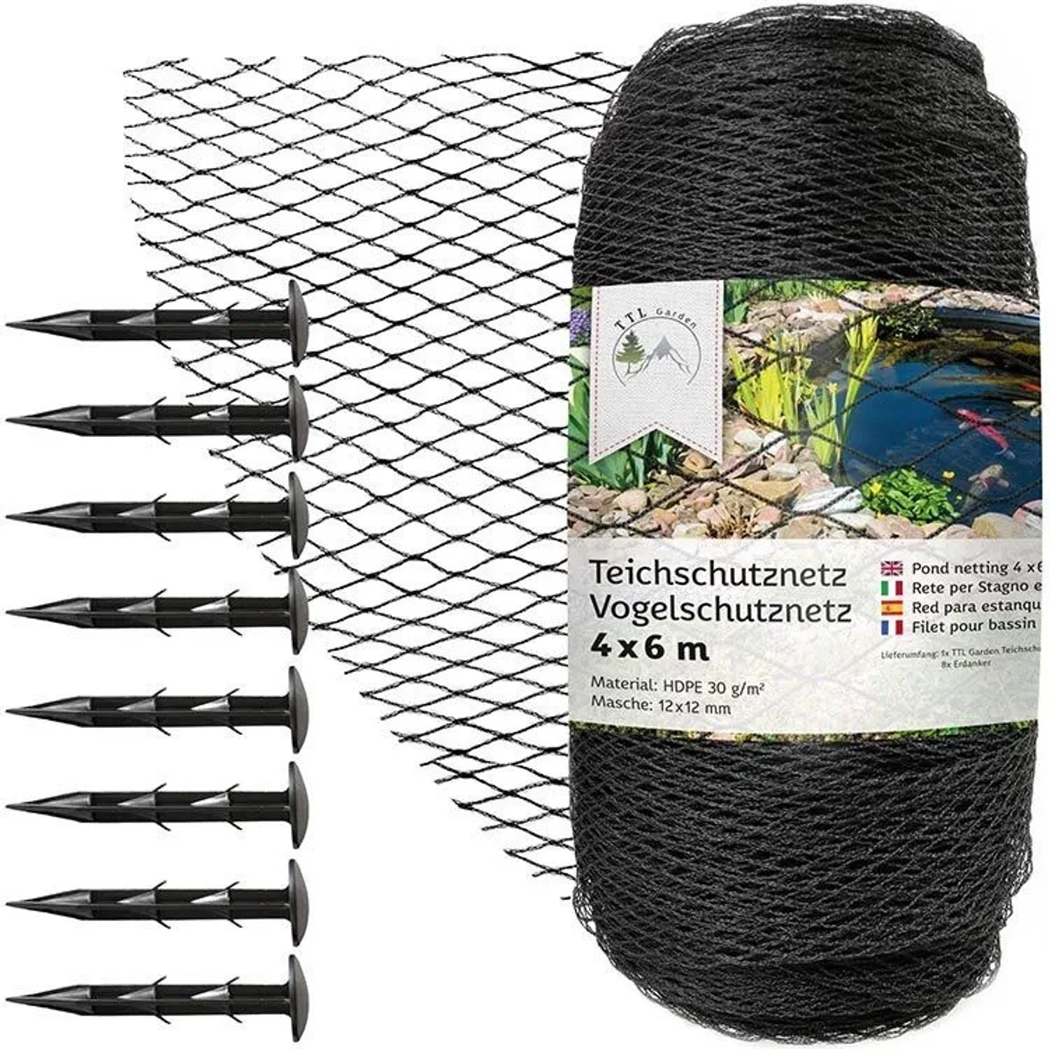 TTL GARDEN Teichschutznetz 4x6m 12x12mm 30g/m² Anthrazit Vogelschutznetz Teichnetz Laubnetz Gartennetz aus HDPE