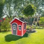 Axi Spielhaus Olaf, rot-graues Gartenhaus aus Zedernholz mit Fenster und Schornstein.