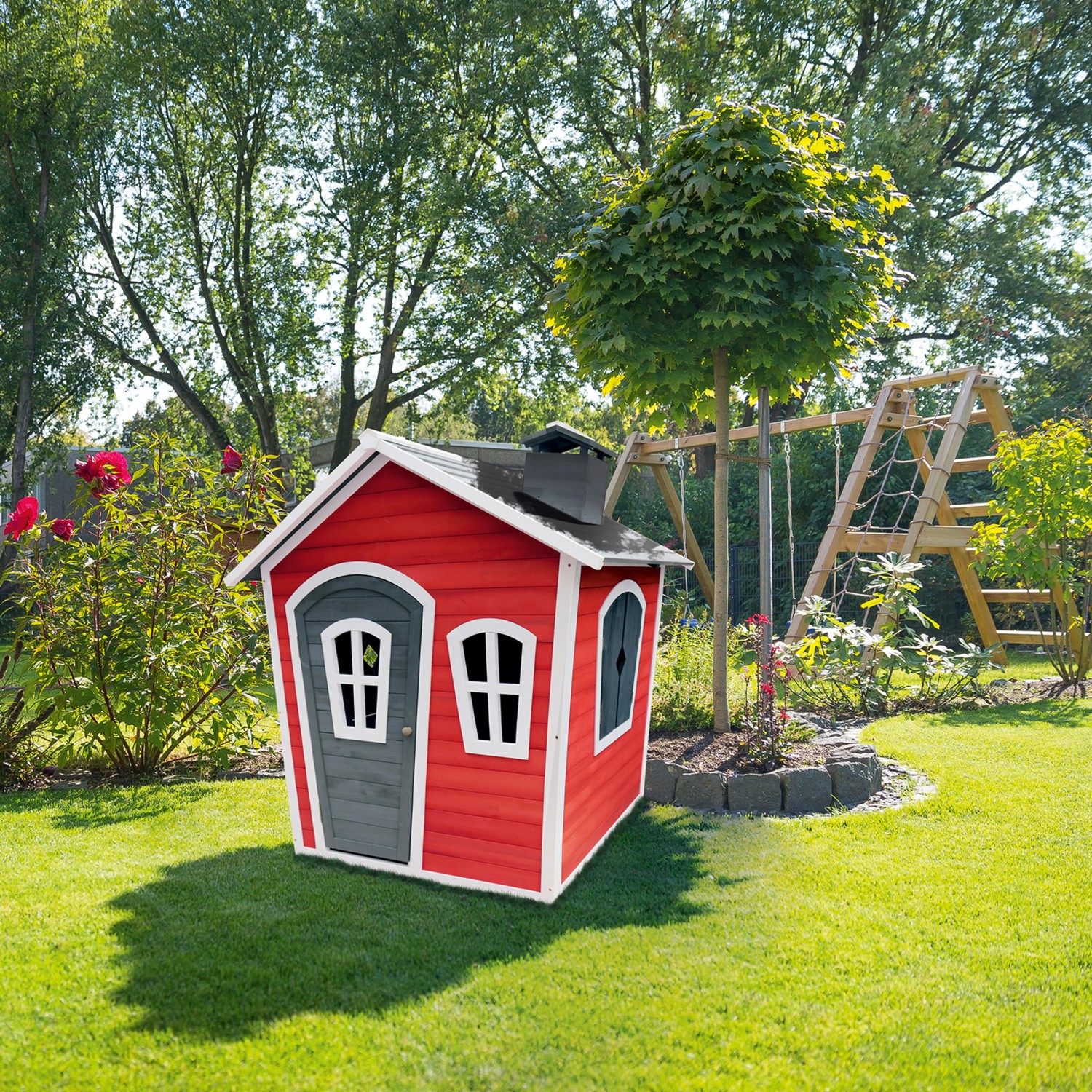 Axi Spielhaus Olaf, rot-graues Gartenhaus aus Zedernholz mit Fenster und Schornstein.