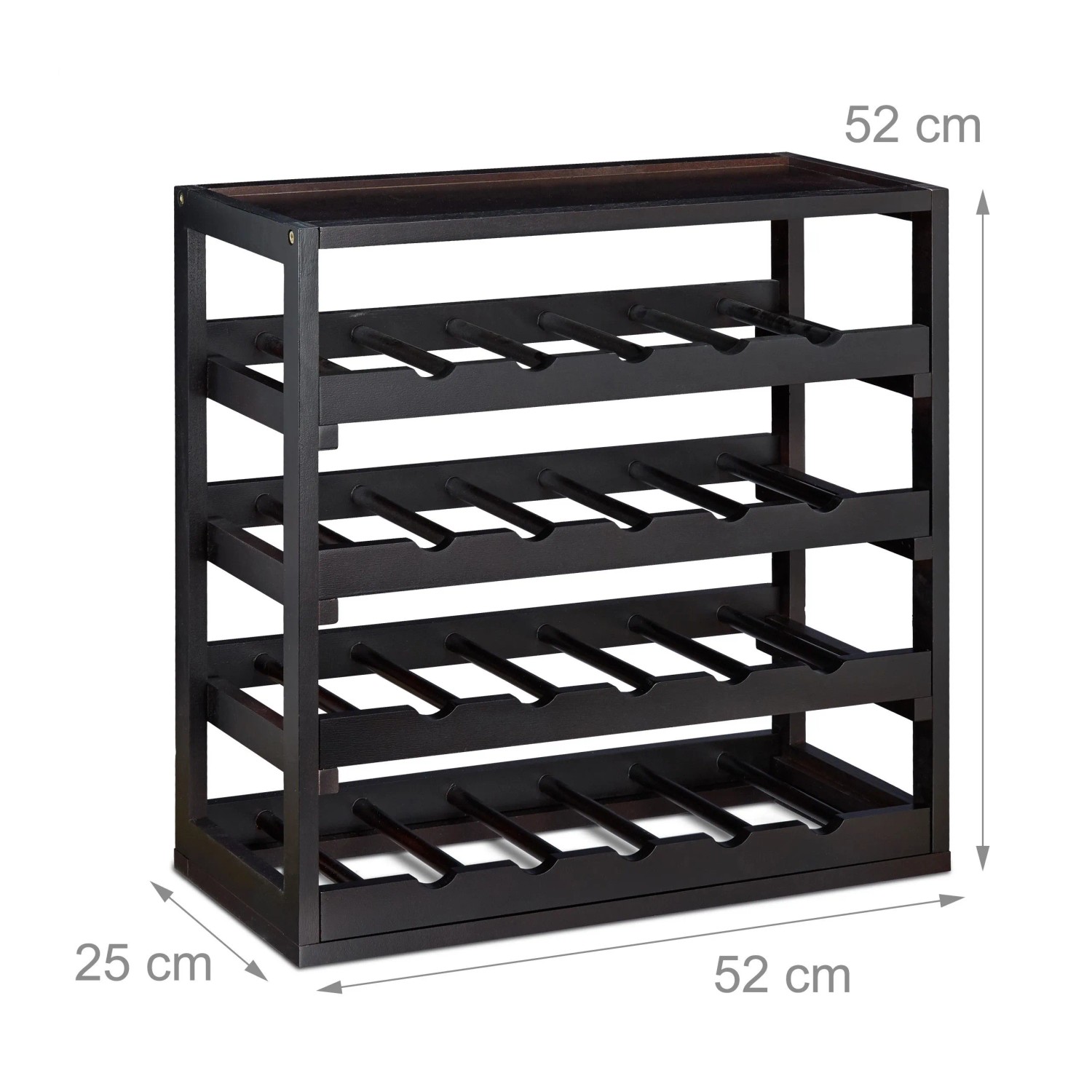 Schwarzes Weinregal aus Echtholz für 20 Flaschen, 52x52x25 cm. Kompaktes Flaschenregal mit Ablage.