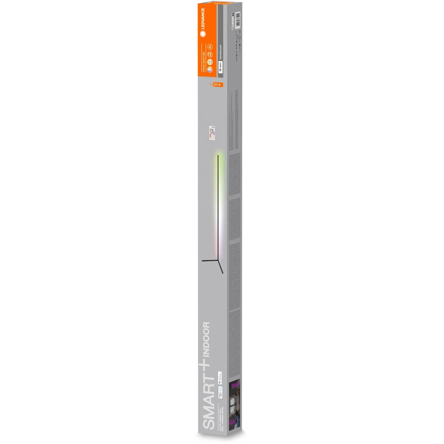 Verpackung der Ledvance Smart+ WiFi Stehleuchte Boden Ecke RGBTW Schwarz, 200 cm.