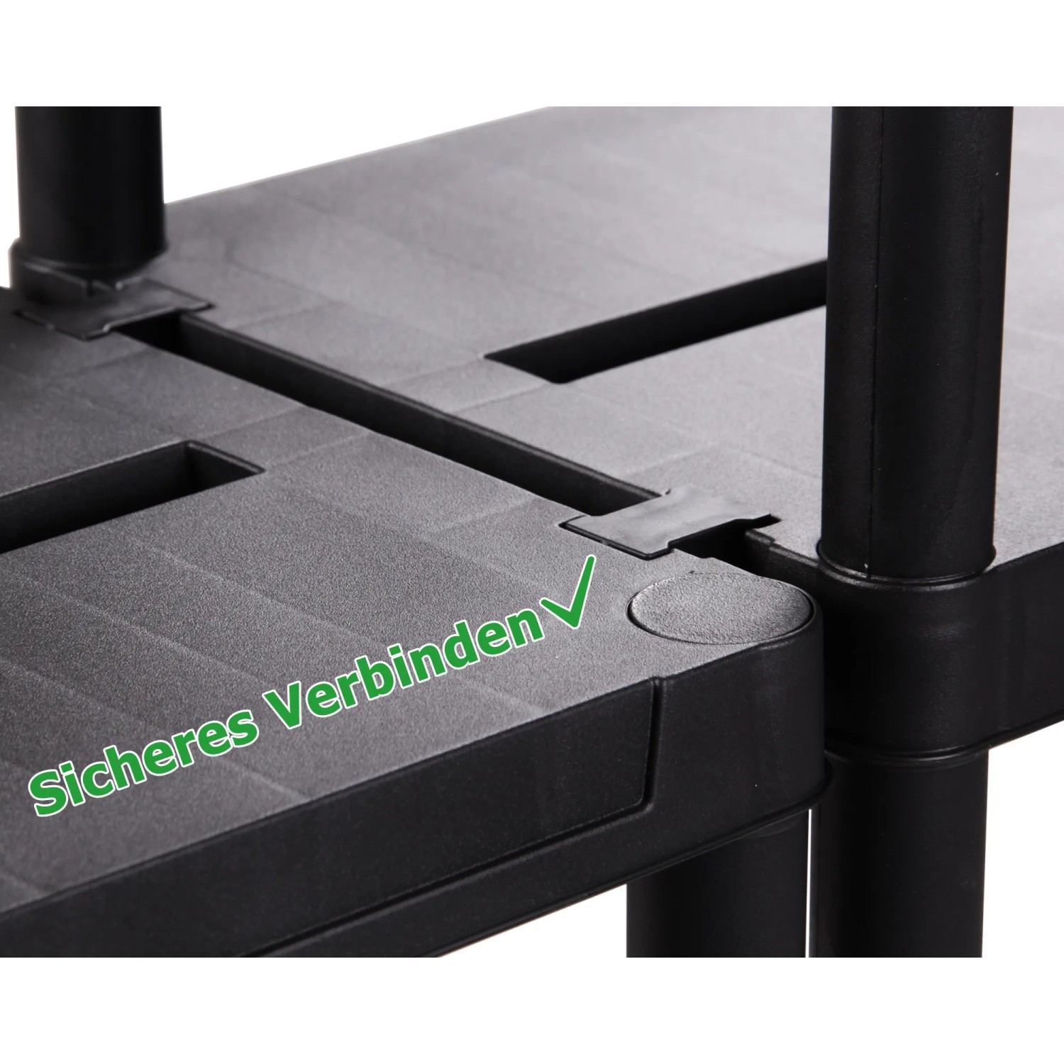 Detailaufnahme Stecksystem des schwarzen Ondis24 Kunststoffregals (Doppelpack).