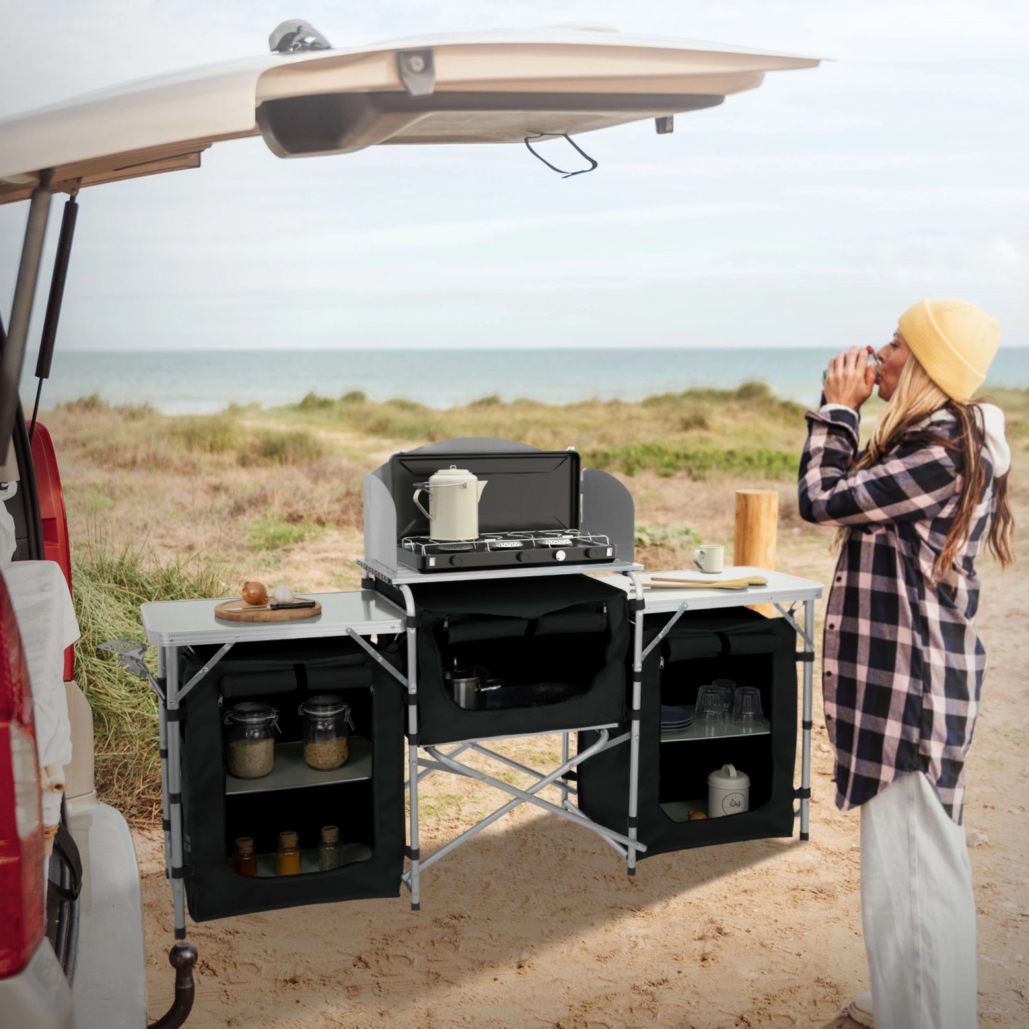 Hauki Camping Küche, faltbarer Campingschrank mit Tragetasche, schwarz. Ideal für Outdoor-Kocherlebnisse.