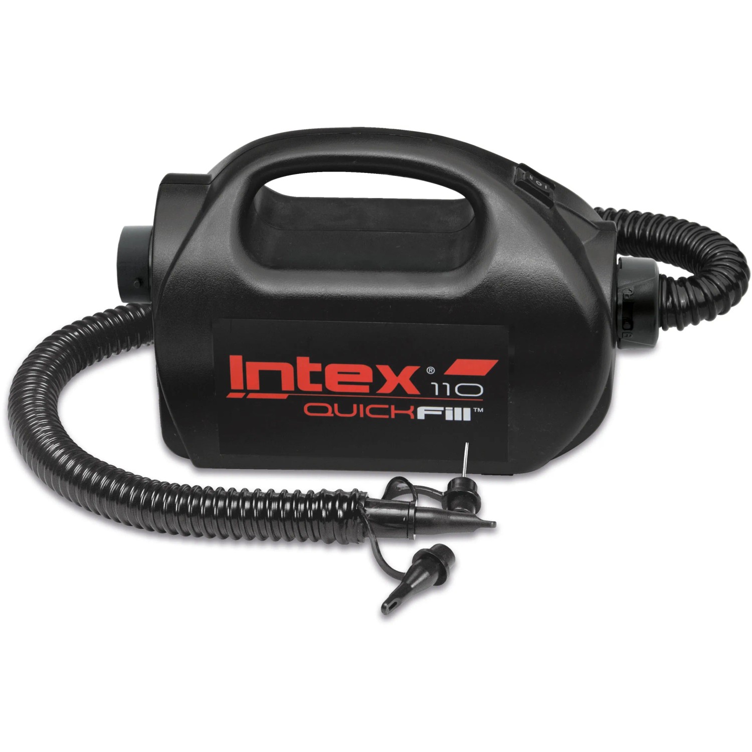 Schwarze Intex Quick Fill Luftpumpe 230V/12V mit Schlauch und Düsenaufsätzen.