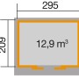 Grundriss Weka Gartenhaus Turin: 295x209 cm, 12,9 m² Fläche. Ideal für Geräte und Gartenmöbel.