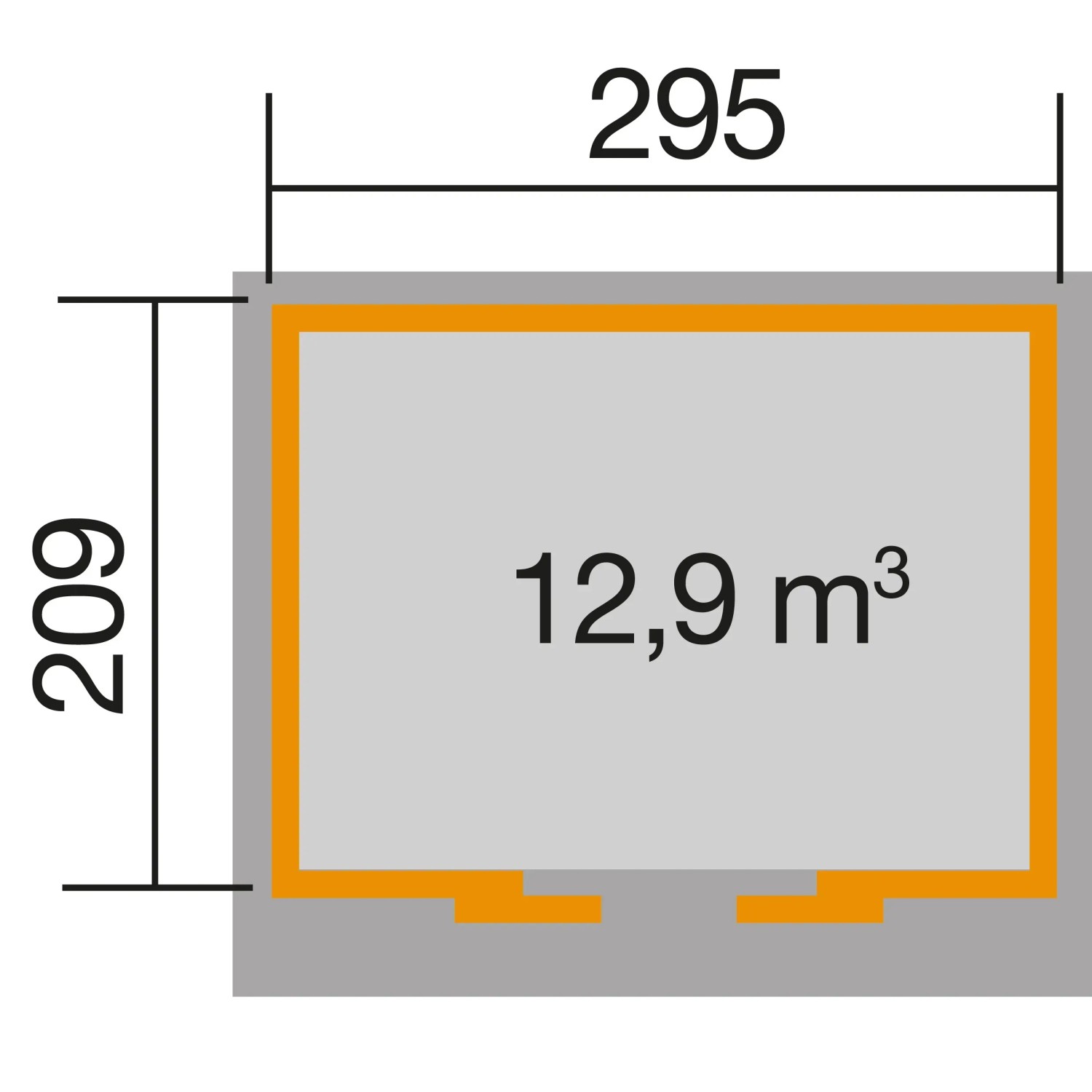 Grundriss Weka Gartenhaus Turin: 295x209 cm, 12,9 m² Fläche. Ideal für Geräte und Gartenmöbel.