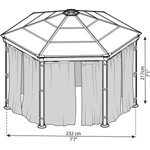 Skizze: Sechseckiger Pavillon mit Insektenschutz-Vorhängen in Anthrazit. Maße: 217 x 232 cm.