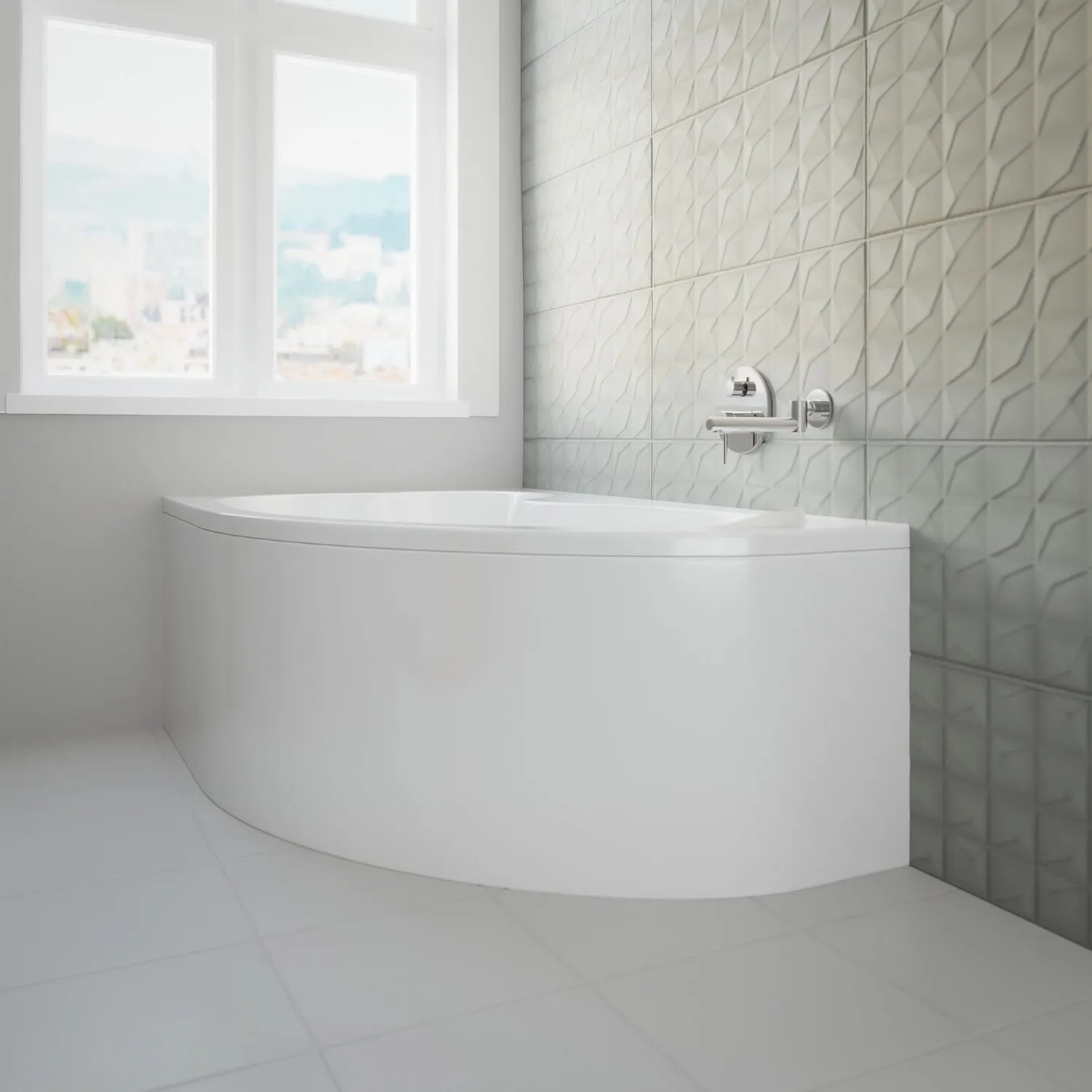 Weiße Acryl Eckbadewanne MEGA 160x105 links mit gebogener Schürze in modernem Badambiente.