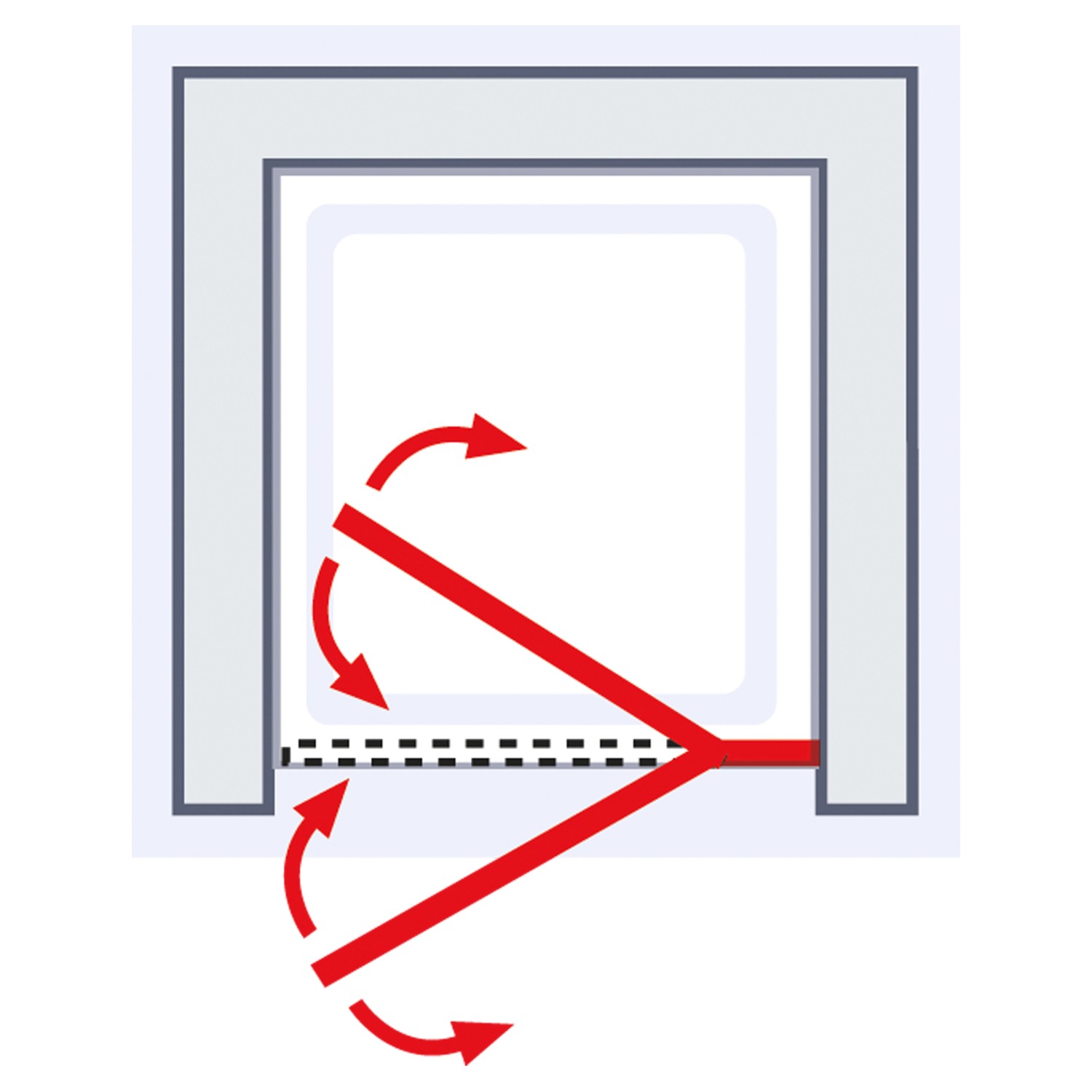 Illustration der Schulte Toura Drehtür mit Nebenteil in Nische, Türanschlag rechts, Drehbereich durch rote Pfeile gekennzeichnet.
