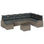 Graues 9-teiliges vidaXL Garten-Sofa-Set aus Poly Rattan mit Kissen und Tisch.