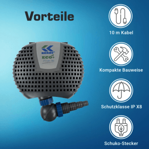 Kerry Electronics ECO Teichpumpe 12000 L/H mit Vorfilterkammer, 85 Watt, 5,5m Förderhöhe, 10m Kabel.
