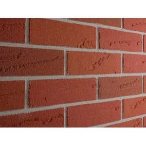 Nahaufnahme: Elabrick Verblender Oregon, rotbraune Ziegeloptik mit hellen Fugen.