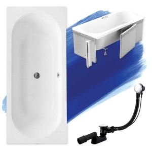 Weiße Rechteckbadewanne 150x75 cm mit Ablauf, Füßen und Styroporverkleidung. Komplettset für Badewannen.
