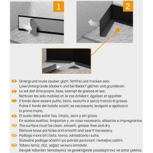 Anleitung zur Anbringung einer selbstklebenden Weichsockelleiste in Bucheoptik.