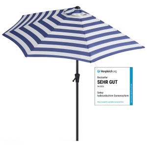 Sekey halbrunder Sonnenschirm 270 cm mit blau-weißen Streifen und Kurbel.