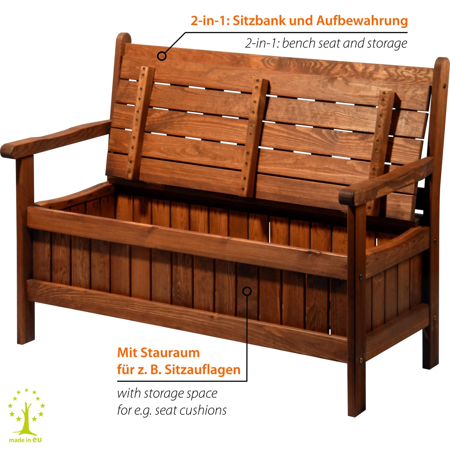 Braune Dobar Gartenbank 2-Sitzer aus geöltem Kiefernholz mit Stauraum unter der Sitzfläche.