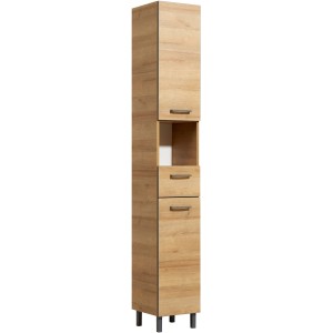 Pelipal Bad-Hochschrank Quickset 919 in Riviera Eiche, 30 cm breit, mit Schubladen und offenem Fach.