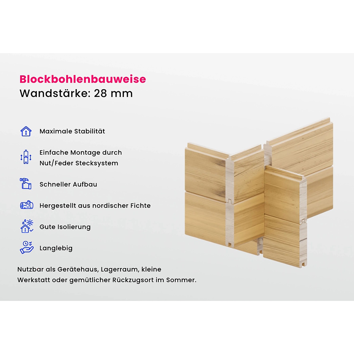 Detailaufnahme der Blockbohlenbauweise des Alpholz Gartenhauses Maria-28 aus Fichte mit 28 mm Wandstärke.