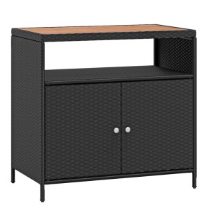 Schwarzer Costway Gartenschrank aus Rattan mit Akazienholz-Arbeitsplatte. Ordnung im Garten.