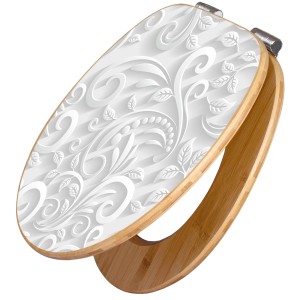 Banjado WC-Sitz aus Bambus mit weißem Swirl-Motiv und Absenkautomatik.
