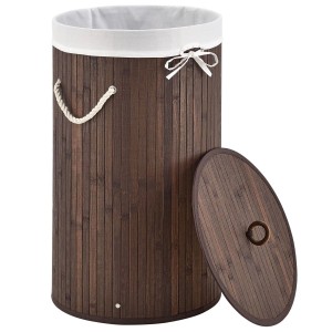 Brauner Juskys Bambus Wäschekorb mit Deckel, Wäschesack und Tragegriffen.