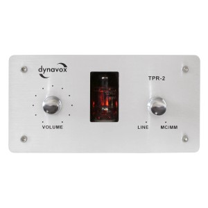 Silberner Dynavox TPR-2 Phono-Vorverstärker mit Röhre und Lautstärkeregler.