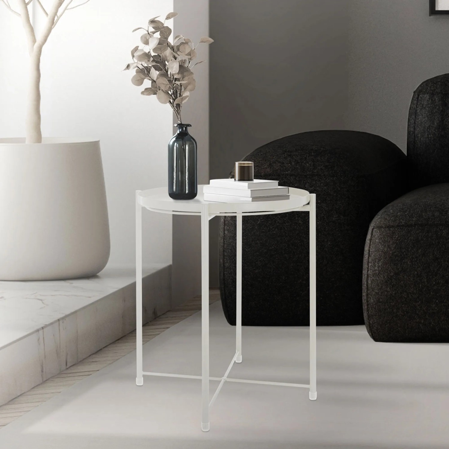 Weißer, runder ML-Design Beistelltisch mit abnehmbarem Tablett aus Metall, 45x52 cm.