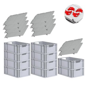PROREGAL Spar Set: 10 graue Euroboxen mit Deckel und roten Schiebeschnappverschlüssen.