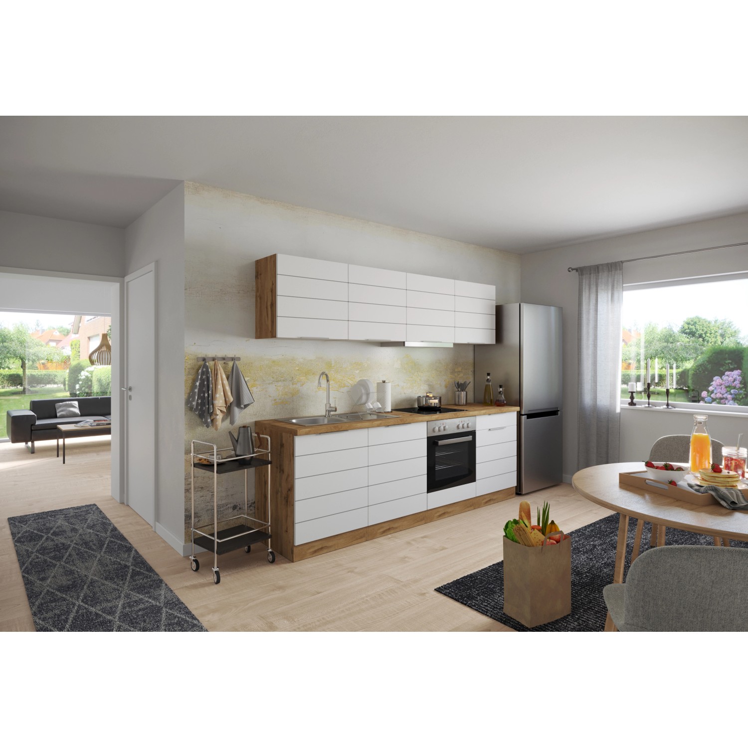 Moderne Küchenzeile, 240 cm, in Weiß-Wotaneiche ohne E-Geräte. Einbauküche mit viel Stauraum.