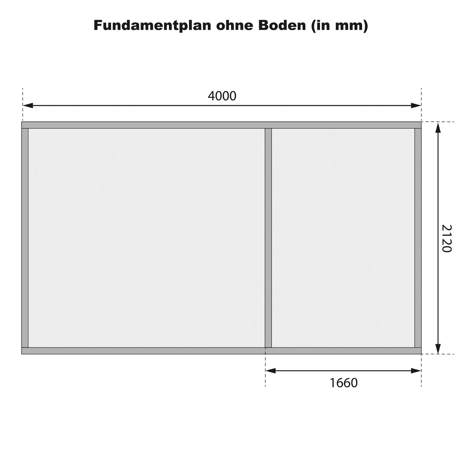 Fundamentplan des Karibu Holz-Gartenhauses Nürnberg, Maße 400x213 cm, ohne Boden.