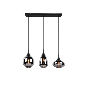 Moderne Trio Pendelleuchte Lumina, 3-flammig, schwarz matt mit Chrom-Glasschirmen.
