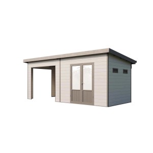 Modernes, hellgraues Finnhaus Wolff WPC Gerätehaus Tona 6024 mit Doppeltür und überdachtem Bereich.