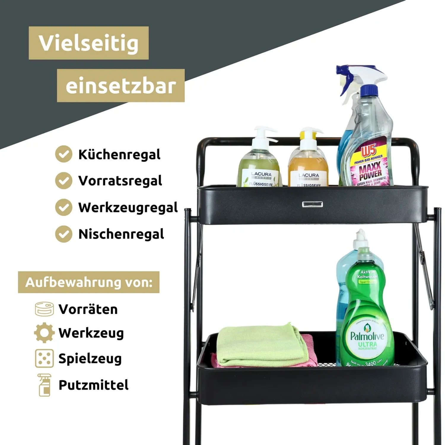 deluxe4home Klappbarer Rollwagen mit 3 Ebenen, schwarz, mit Reinigungs- und Küchenutensilien.