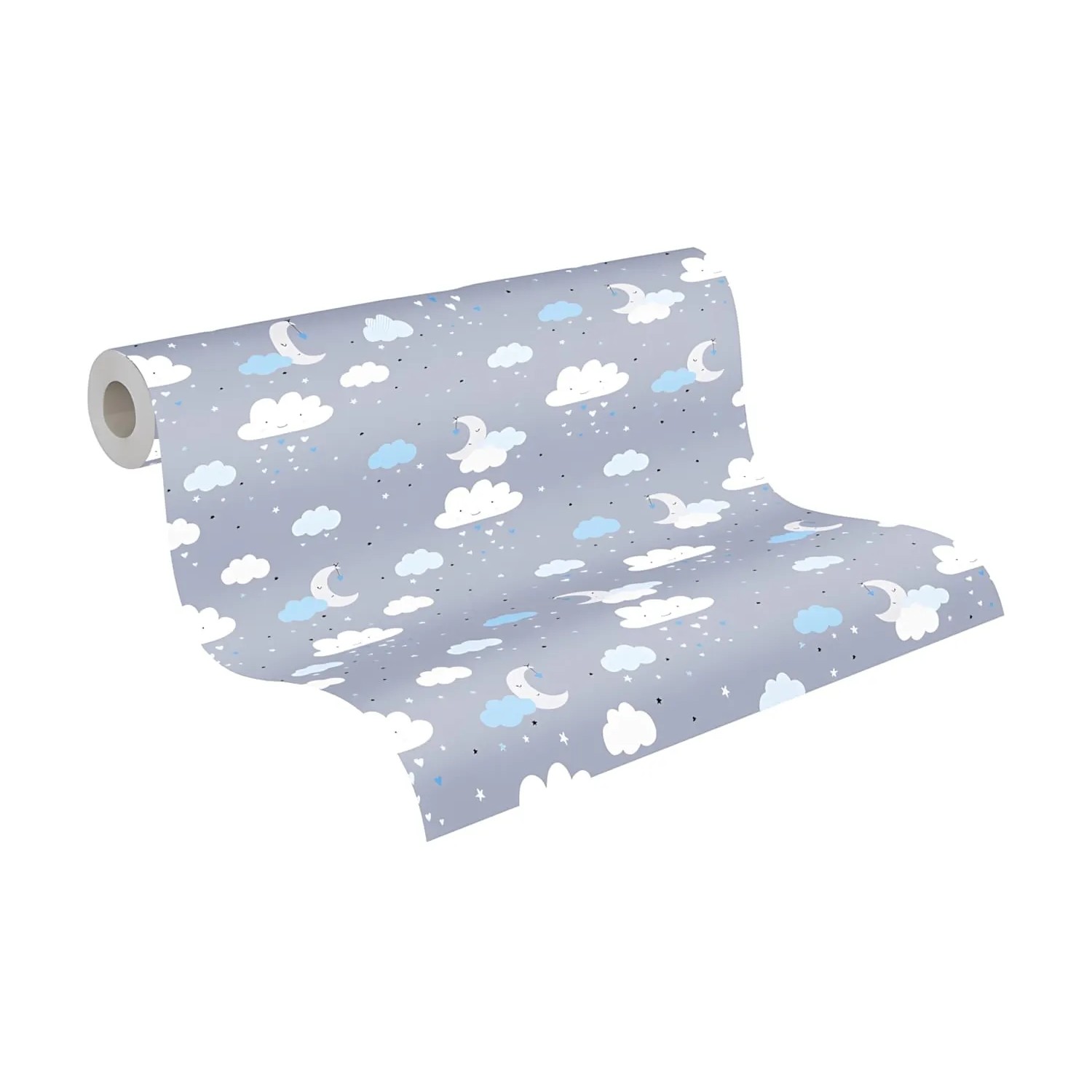 PROFHOME Kindertapete mit Wolken- und Mond-Motiv in Blau, Grau und Weiß.