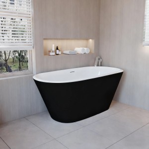 Freistehende, mattschwarze AICA Badewanne, 150x72 cm, mit weißer Innenwanne und Zubehör.