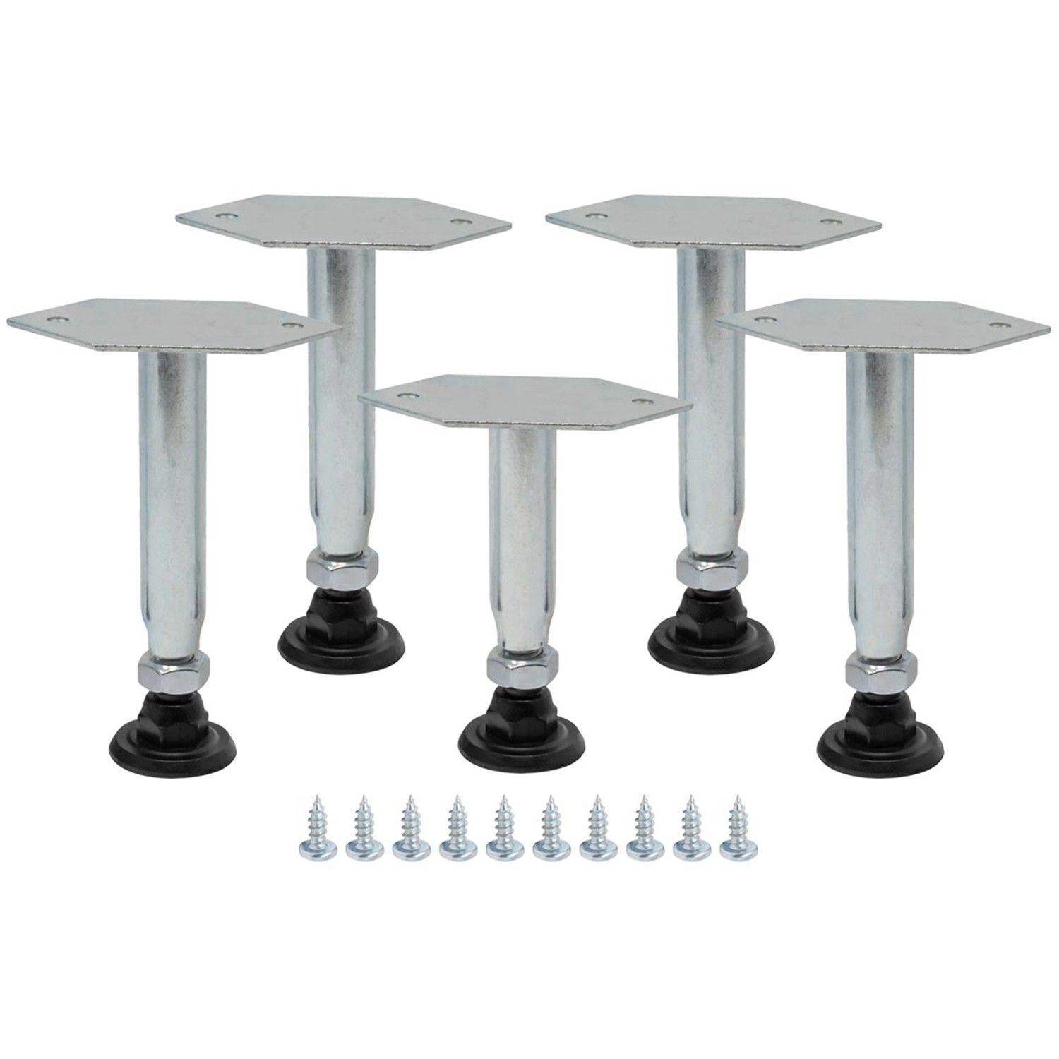 Set aus 5 höhenverstellbaren Möbelfüßen aus Metall mit Schrauben für Möbel.