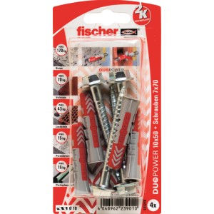 Fischer Dübel DuoPower 10x50 mit Schraube, 4er-Set. Universaldübel für sicheren Halt in vielen Baustoffen.