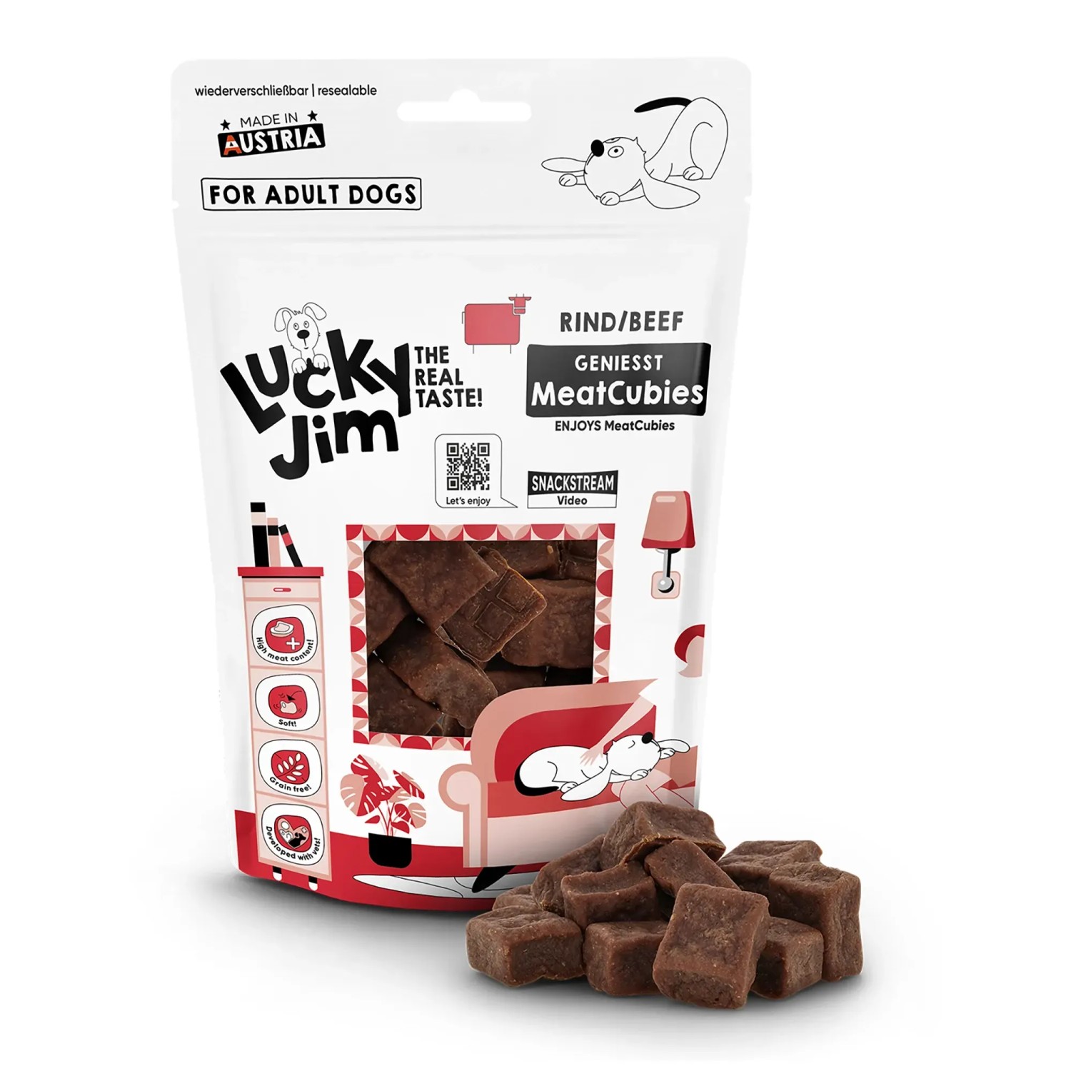 Lucky Jim MeatCubies Rind, 70g. Hunde-Belohnungssnacks mit hohem Fleischanteil im wiederverschließbaren Beutel.