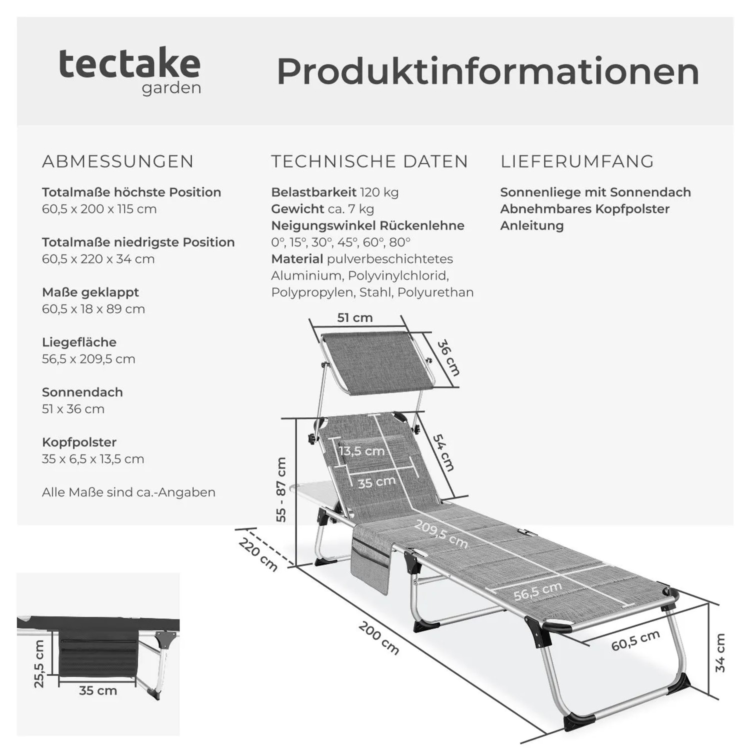 Skizze: Tectake Sonnenliege Lorella, grau meliert, mit Maßen und Details.