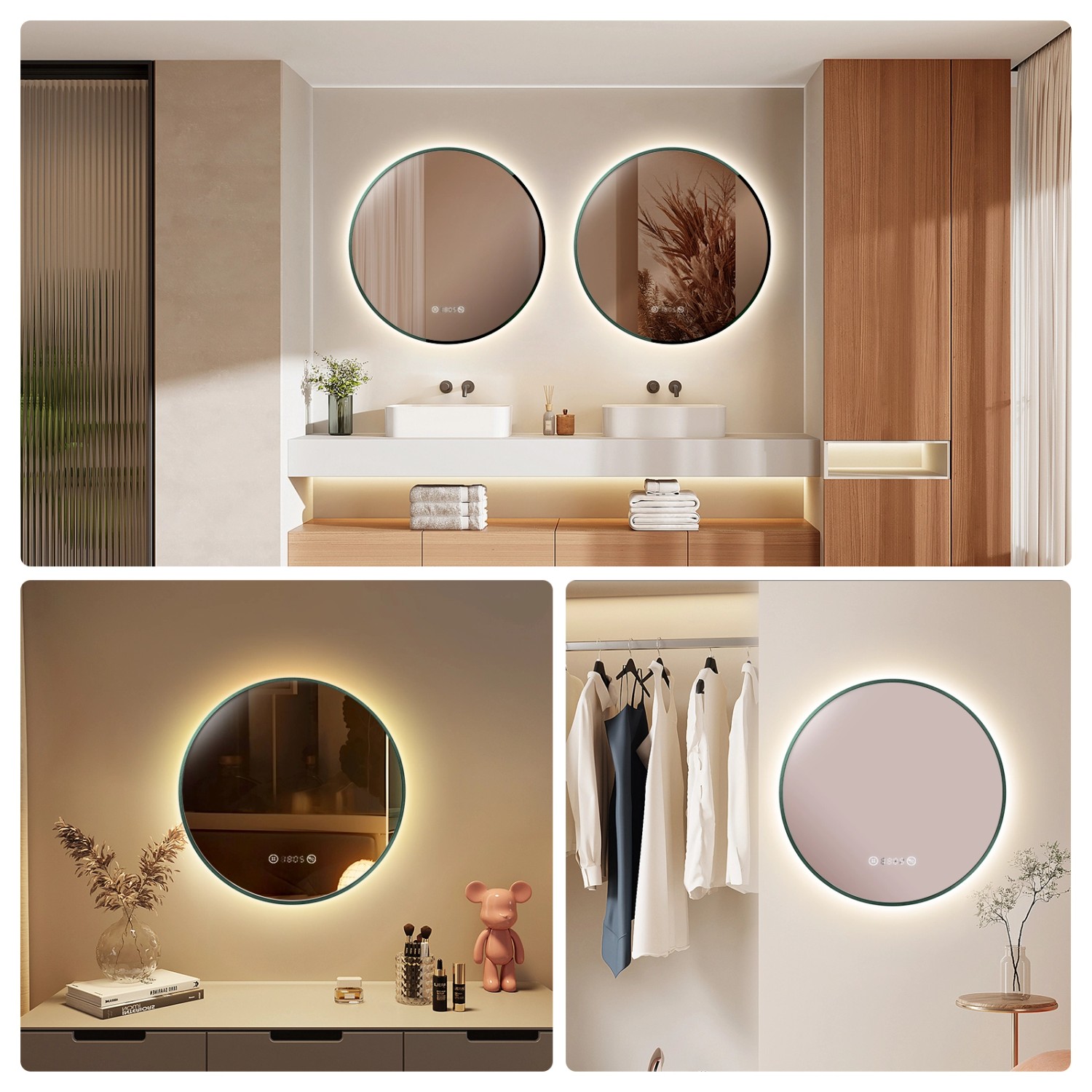 Emke LED Badspiegel, rund, 70 cm, dunkelgrün, mit Beleuchtung, Antibeschlag, Uhr und Temperaturanzeige.