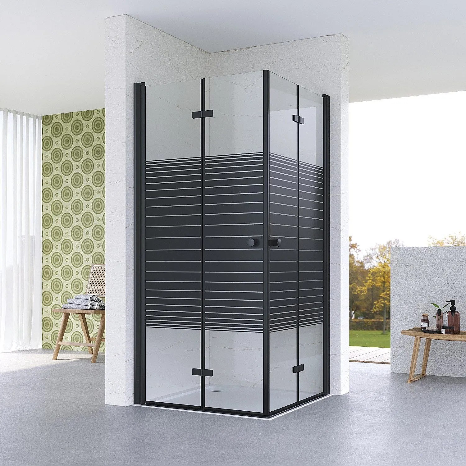 Aquabatos Eckdusche Eckeinstieg mit Falttüren Höhe 187cm 70-120 cm Schwarz Glasdekor