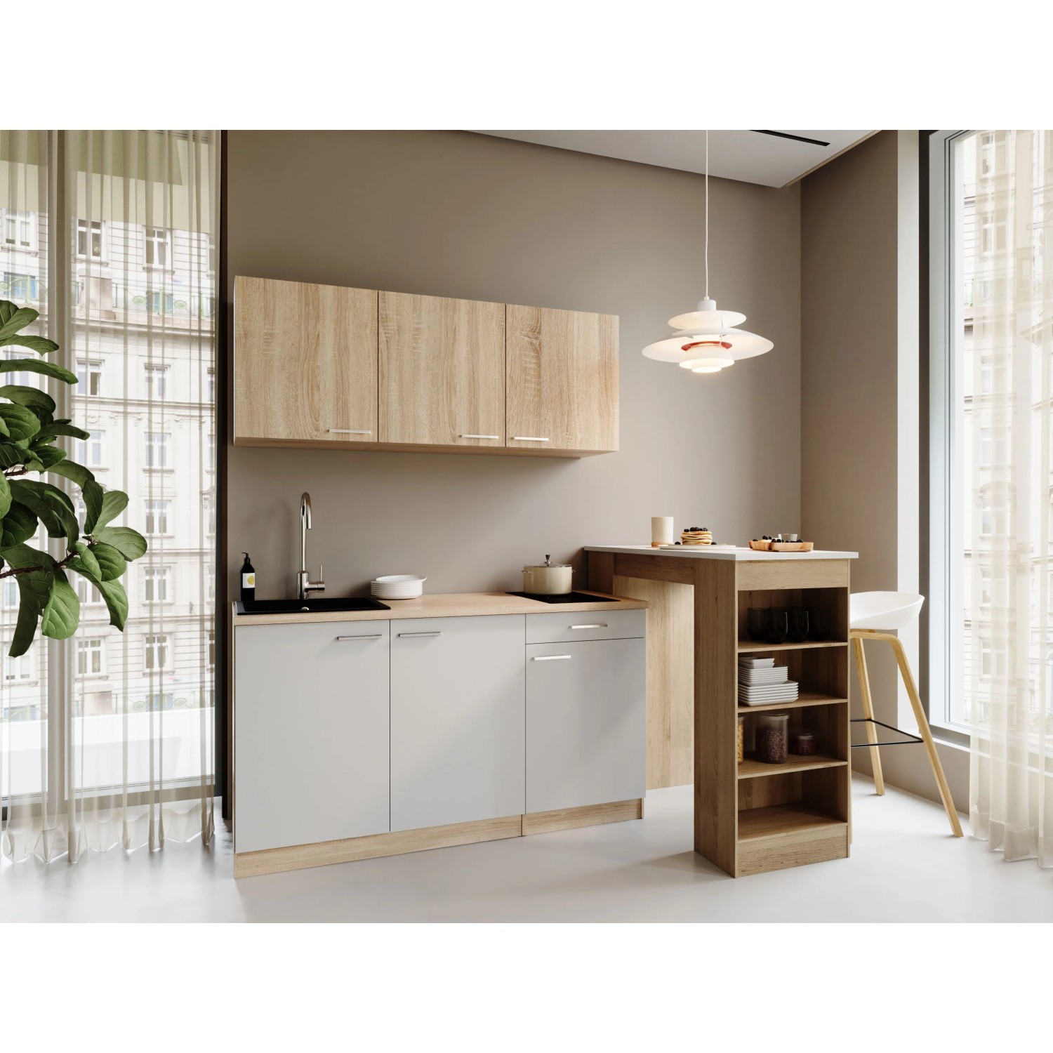Respekta Ingrid Singleküche 150 cm Weiß mit Bartisch